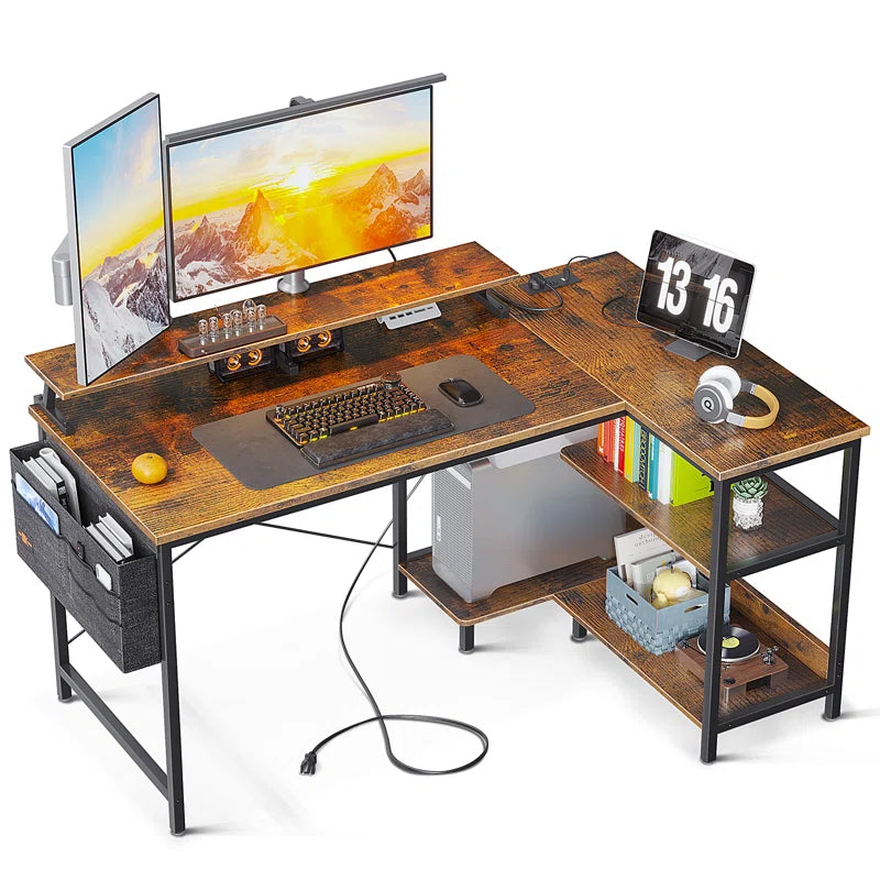 L-Shape Gaming Desk with Built in Outlets,Computer Desk with Monitor Stand