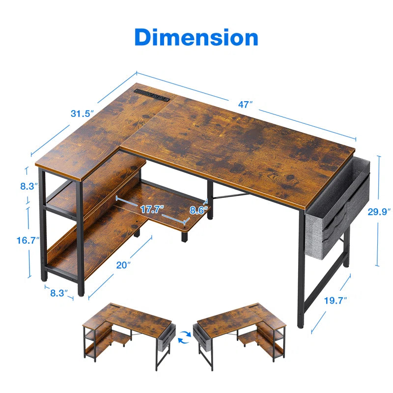 L-Shape Gaming Desk with Built in Outlets,Computer Desk with Monitor Stand
