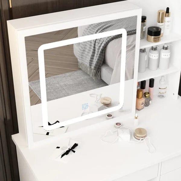 Rob merg Vanity Desk Set with LED Lighted Mirror & Power Outlet, Makeup Vanity Table with 5 Drawers,Storage with stool,for Bedroom, Bathroom, White - Ouch Cart 