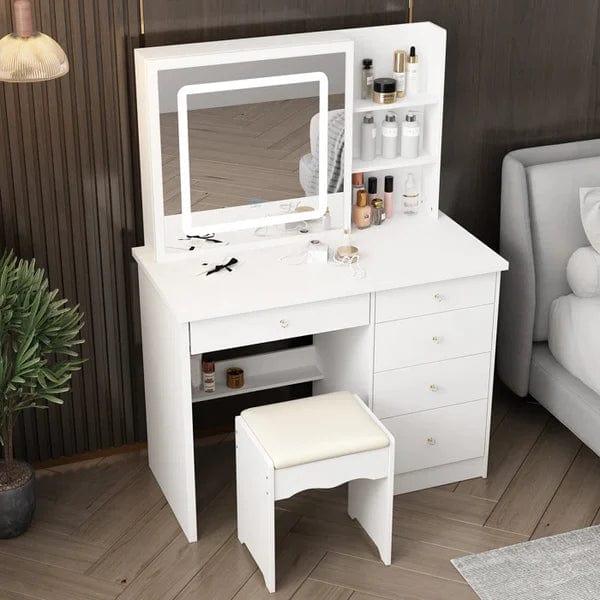 Rob merg Vanity Desk Set with LED Lighted Mirror & Power Outlet, Makeup Vanity Table with 5 Drawers,Storage with stool,for Bedroom, Bathroom, White - Ouch Cart 