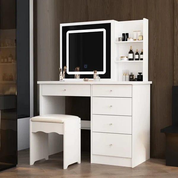 Rob merg Vanity Desk Set with LED Lighted Mirror & Power Outlet, Makeup Vanity Table with 5 Drawers,Storage with stool,for Bedroom, Bathroom, White - Ouch Cart 