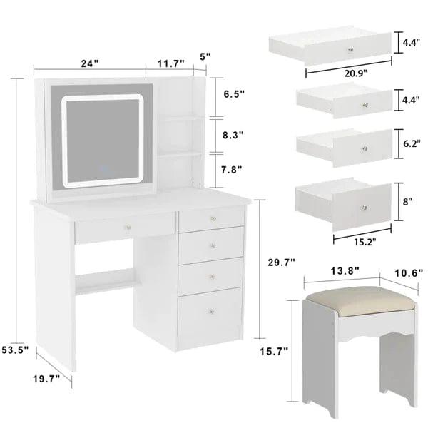 Rob merg Vanity Desk Set with LED Lighted Mirror & Power Outlet, Makeup Vanity Table with 5 Drawers,Storage with stool,for Bedroom, Bathroom, White - Ouch Cart 