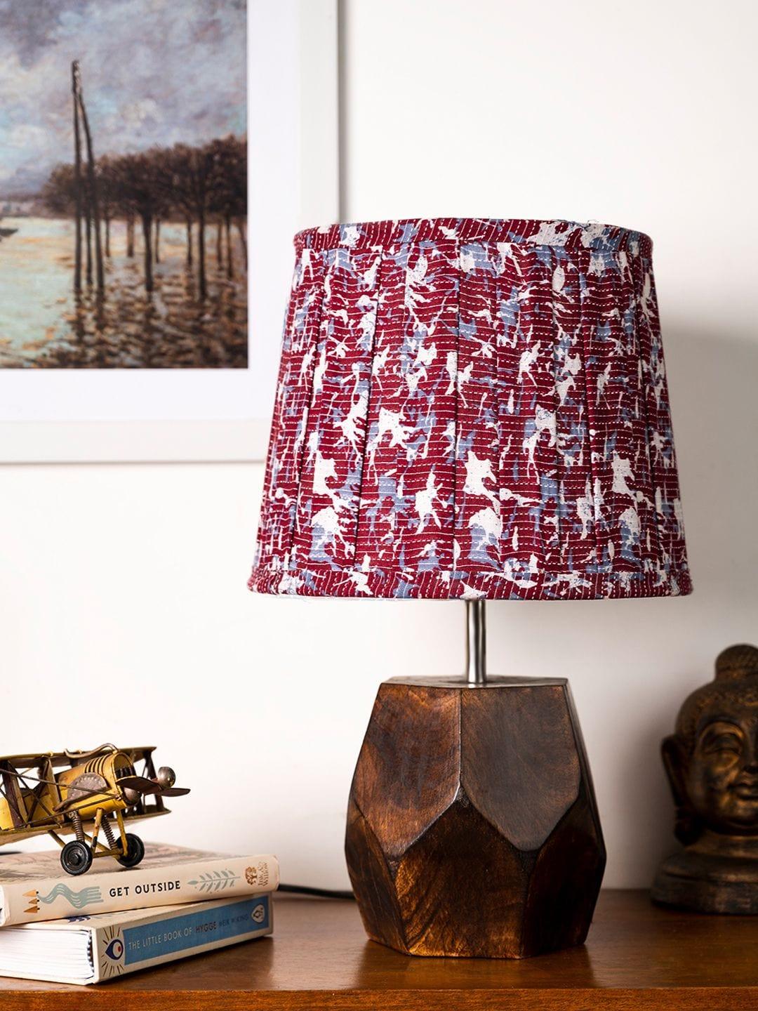 Wooden Hexa Lamp with Pleeted Multicolor Maroon Shade - Ouch Cart 