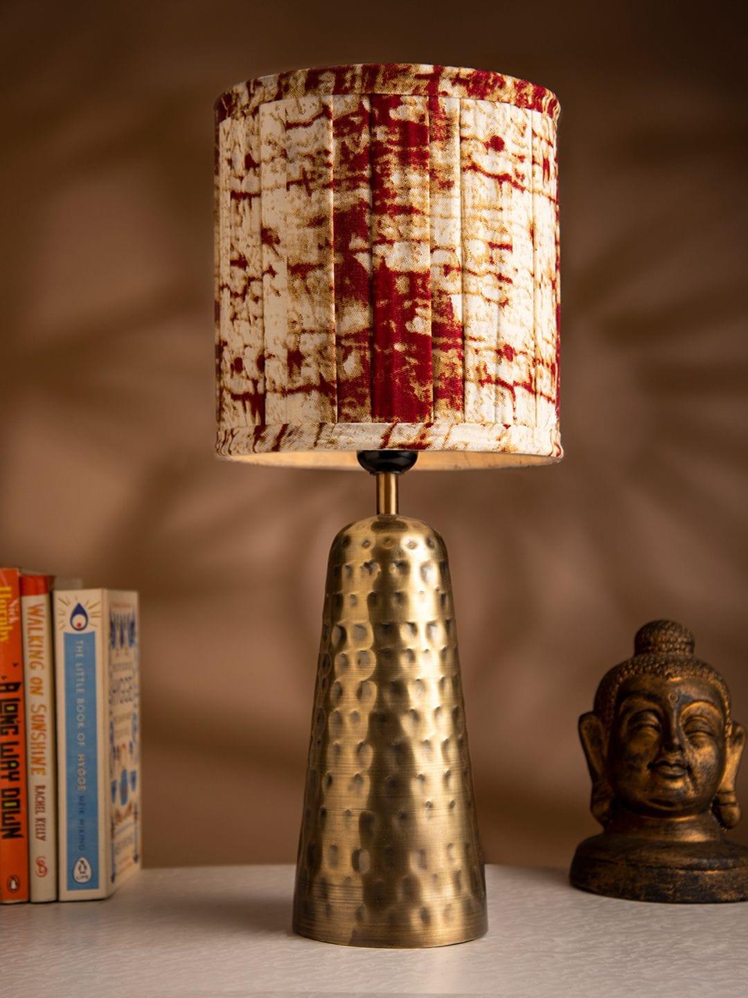 Golden Hammered V-Shaped Lamp with Pleeted Muticolor Maroon Shade - Ouch Cart 