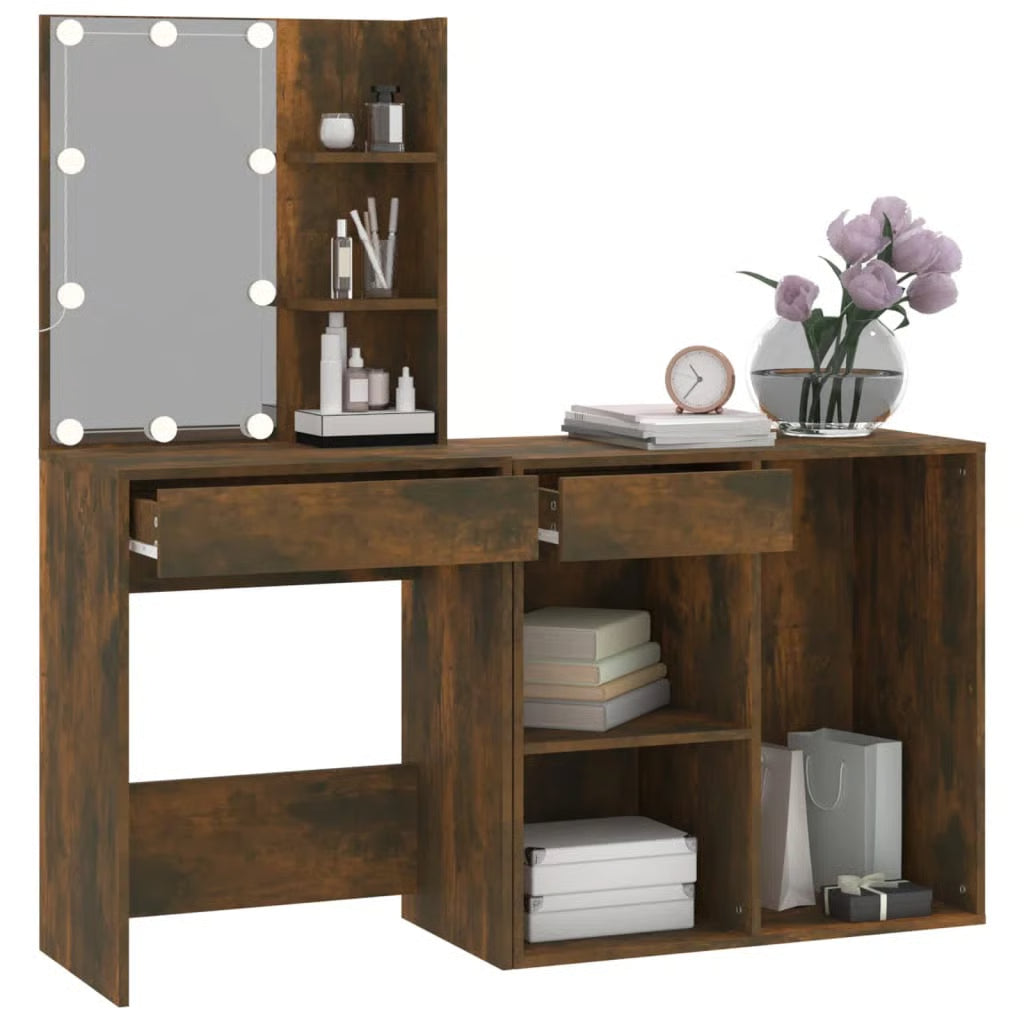 LED Dressing Table With Cabinet Smoked Oak Engineered Wood