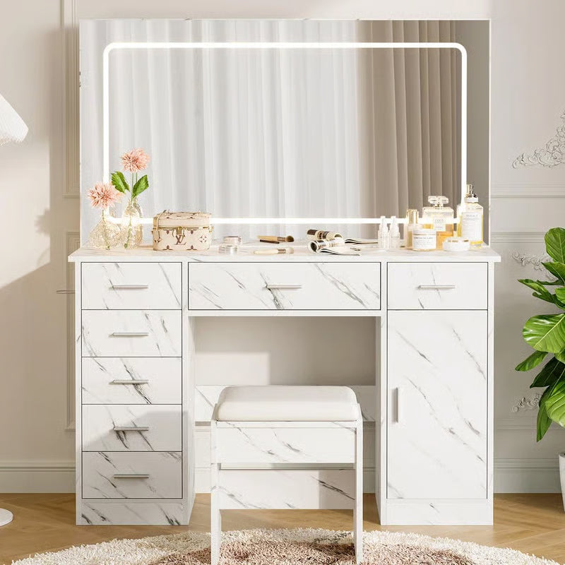LED Makeup Vanity Desk – Marble White, 7 Drawers, Adjustable 3-Color Lighting, Large Mirror & Hair Dryer Holder-OUCH CART |Dressing table
