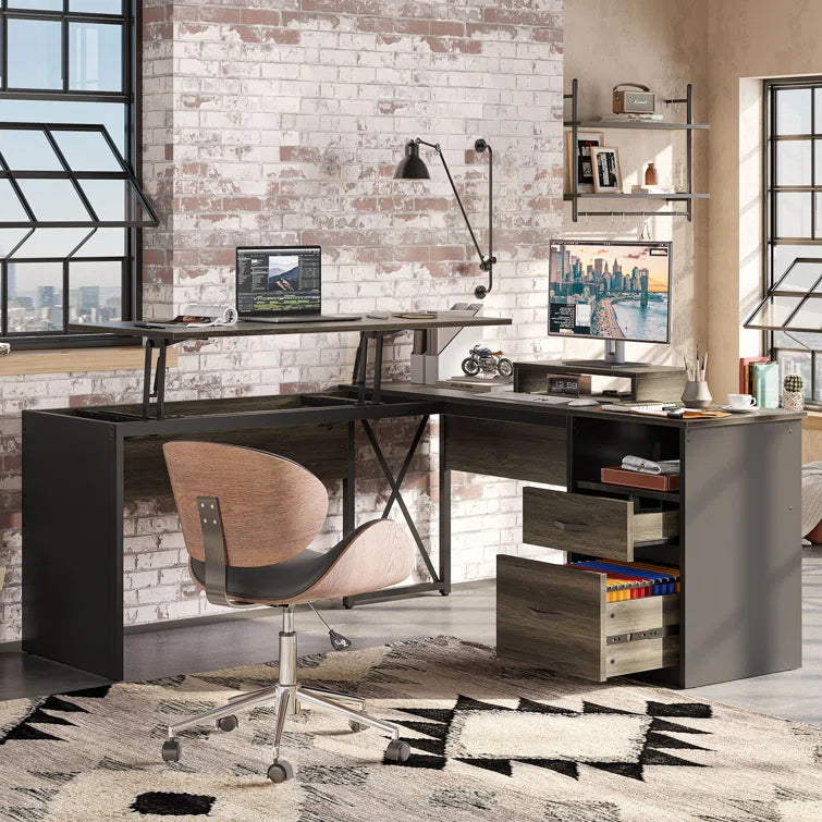 55.7" Lift Top Desk with Storage Drawers Home Office Desk with Monitor Stand
