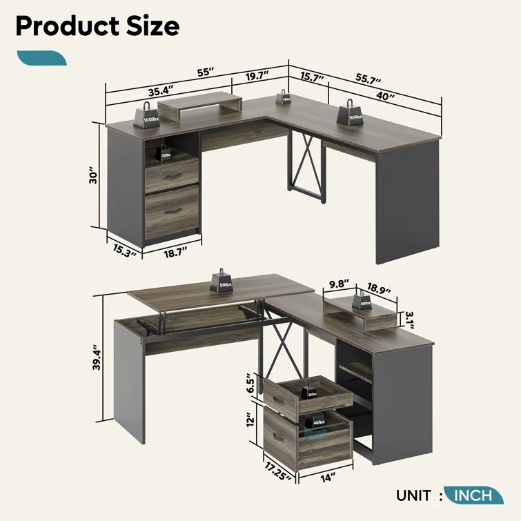 55.7" Lift Top Desk with Storage Drawers Home Office Desk with Monitor Stand