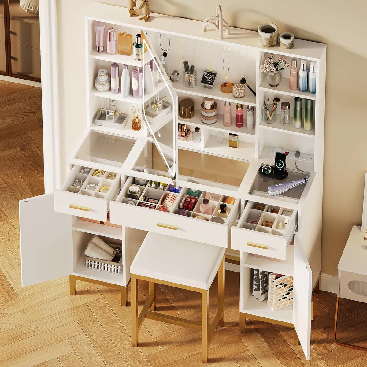 White Makeup Vanity Desk with Openable LED Mirror, 3-Mode Lights, Glass Drawers, Gold Table Legs, and Comfortable Stool
