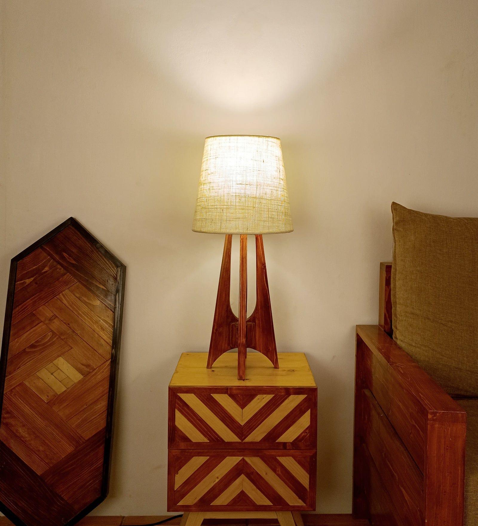 Laurent Brown Wooden Table Lamp with White Jute Lampshade (BULB NOT INCLUDED) - Ouch Cart 