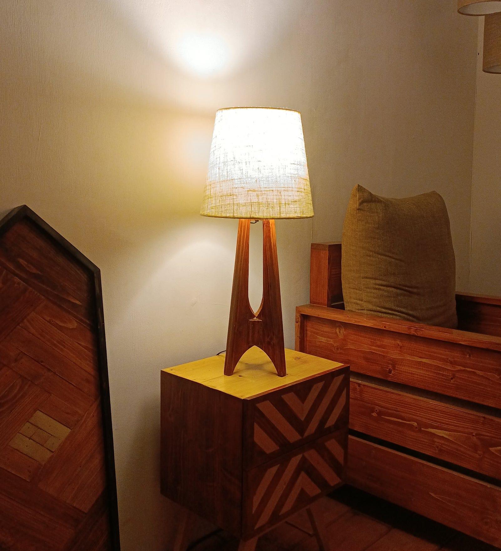 Laurent Brown Wooden Table Lamp with White Jute Lampshade (BULB NOT INCLUDED) - Ouch Cart 