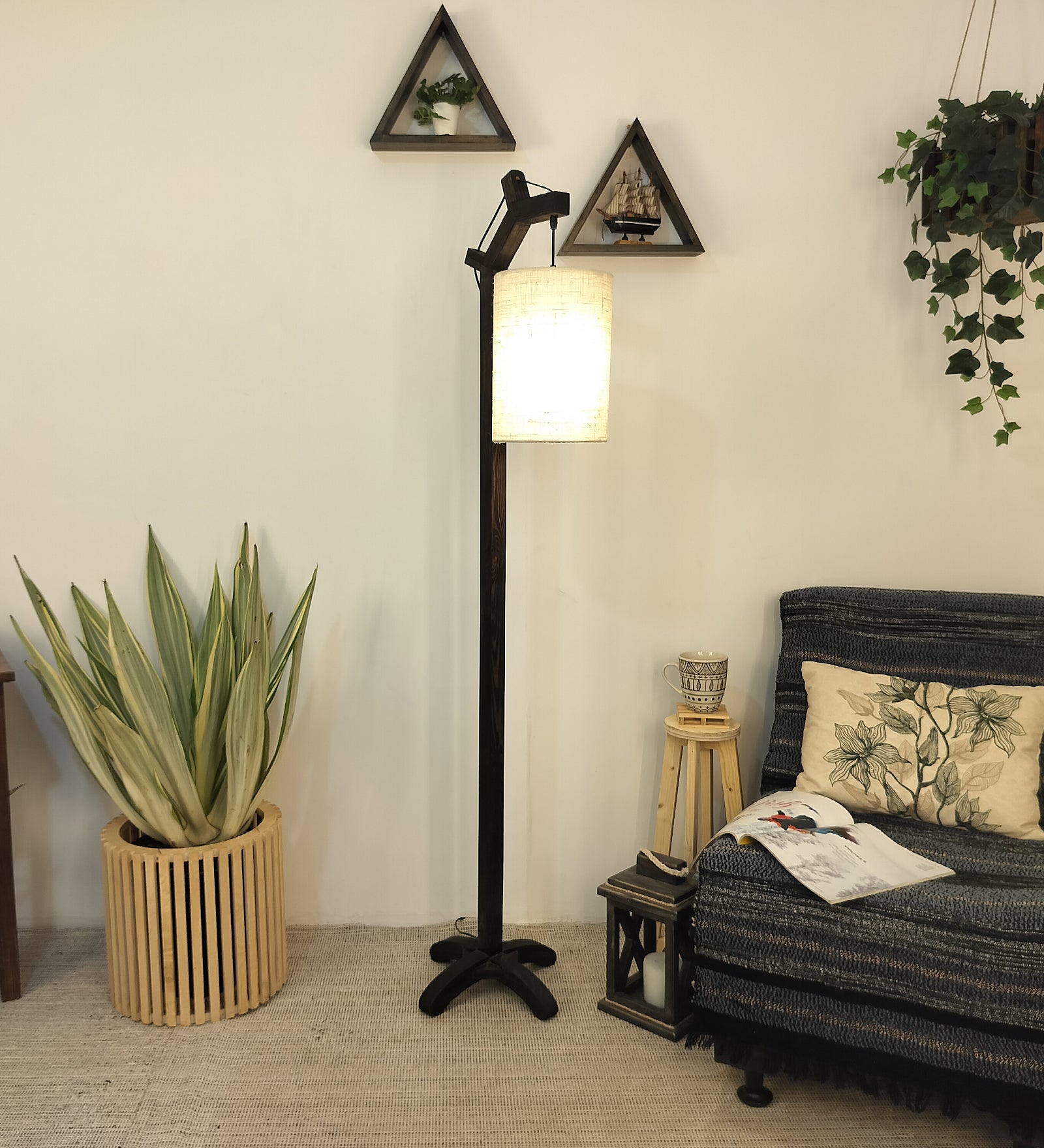 Leo Wooden Floor Lamp with Brown Base and Jute Fabric Lampshade (BULB NOT INCLUDED)