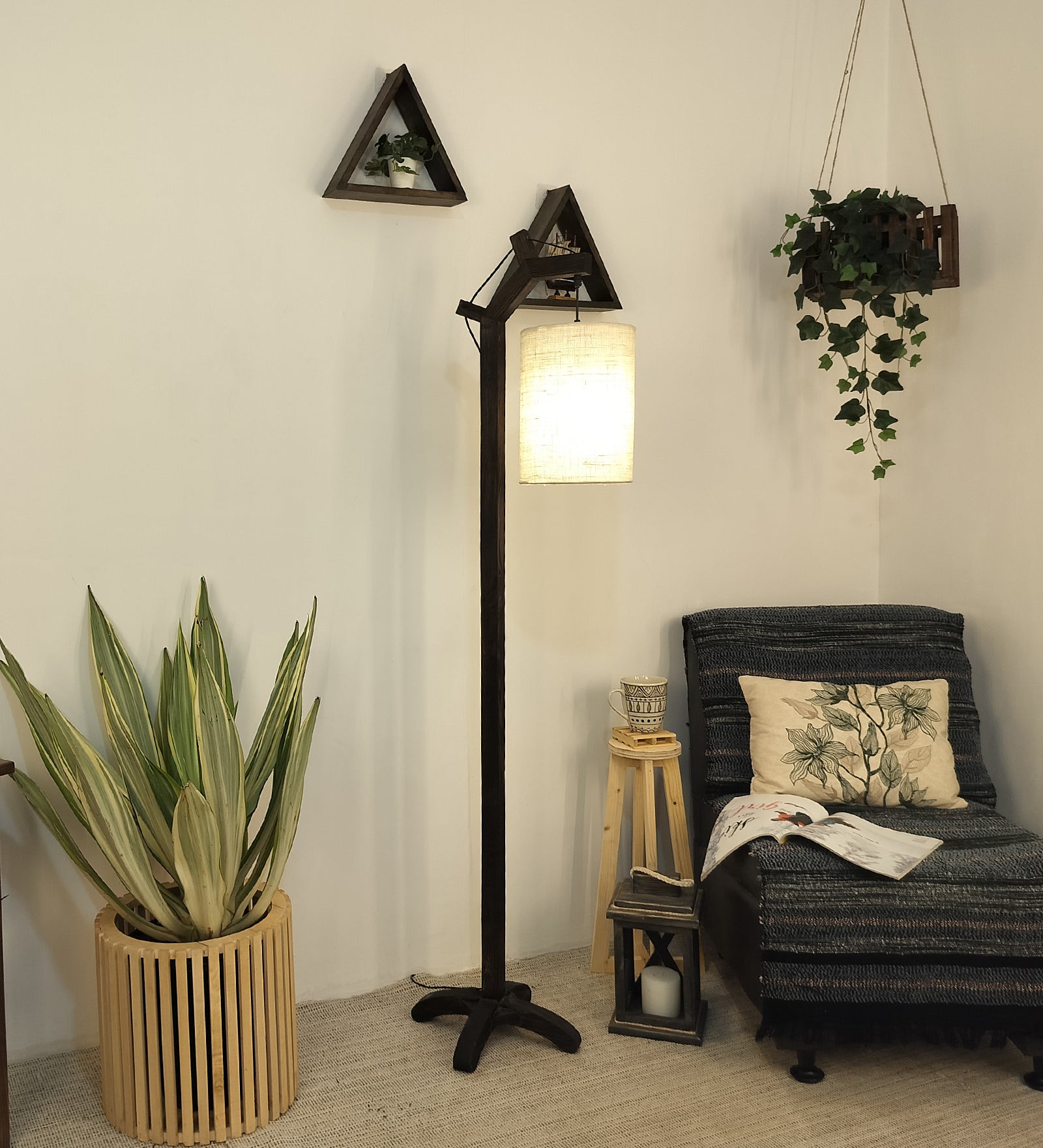 Leo Wooden Floor Lamp with Brown Base and Jute Fabric Lampshade (BULB NOT INCLUDED)