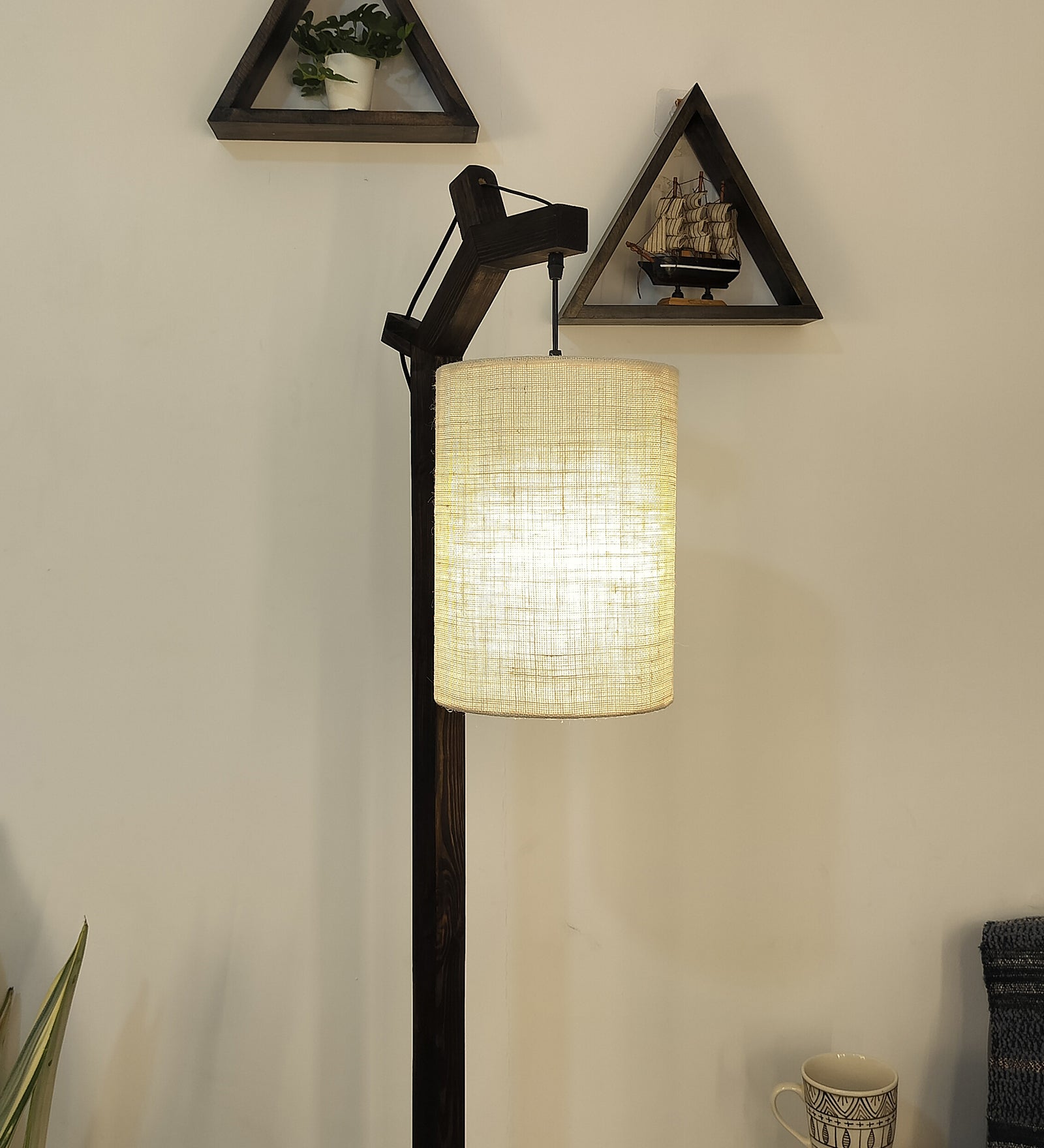 Leo Wooden Floor Lamp with Brown Base and Jute Fabric Lampshade (BULB NOT INCLUDED)