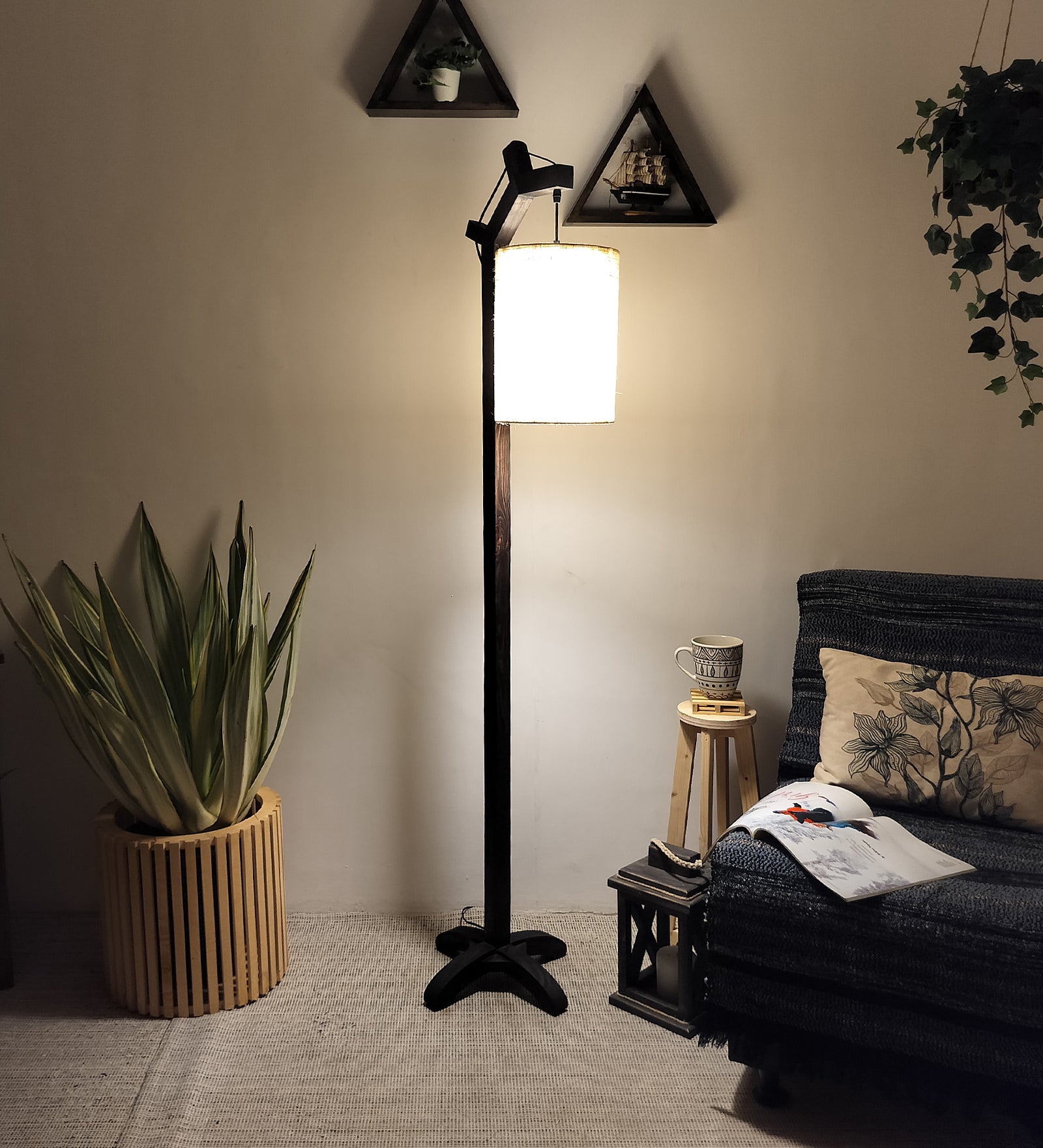 Leo Wooden Floor Lamp with Brown Base and Jute Fabric Lampshade (BULB NOT INCLUDED)