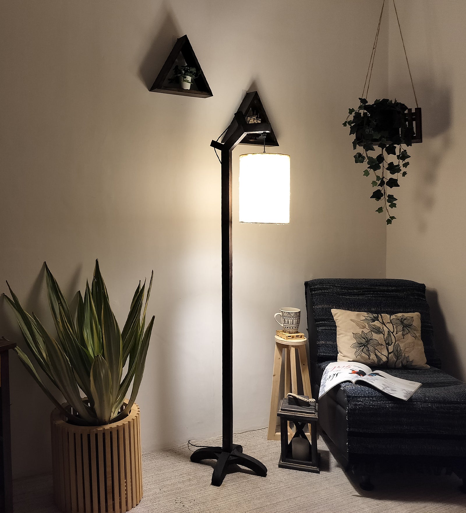 Leo Wooden Floor Lamp with Brown Base and Jute Fabric Lampshade (BULB NOT INCLUDED)