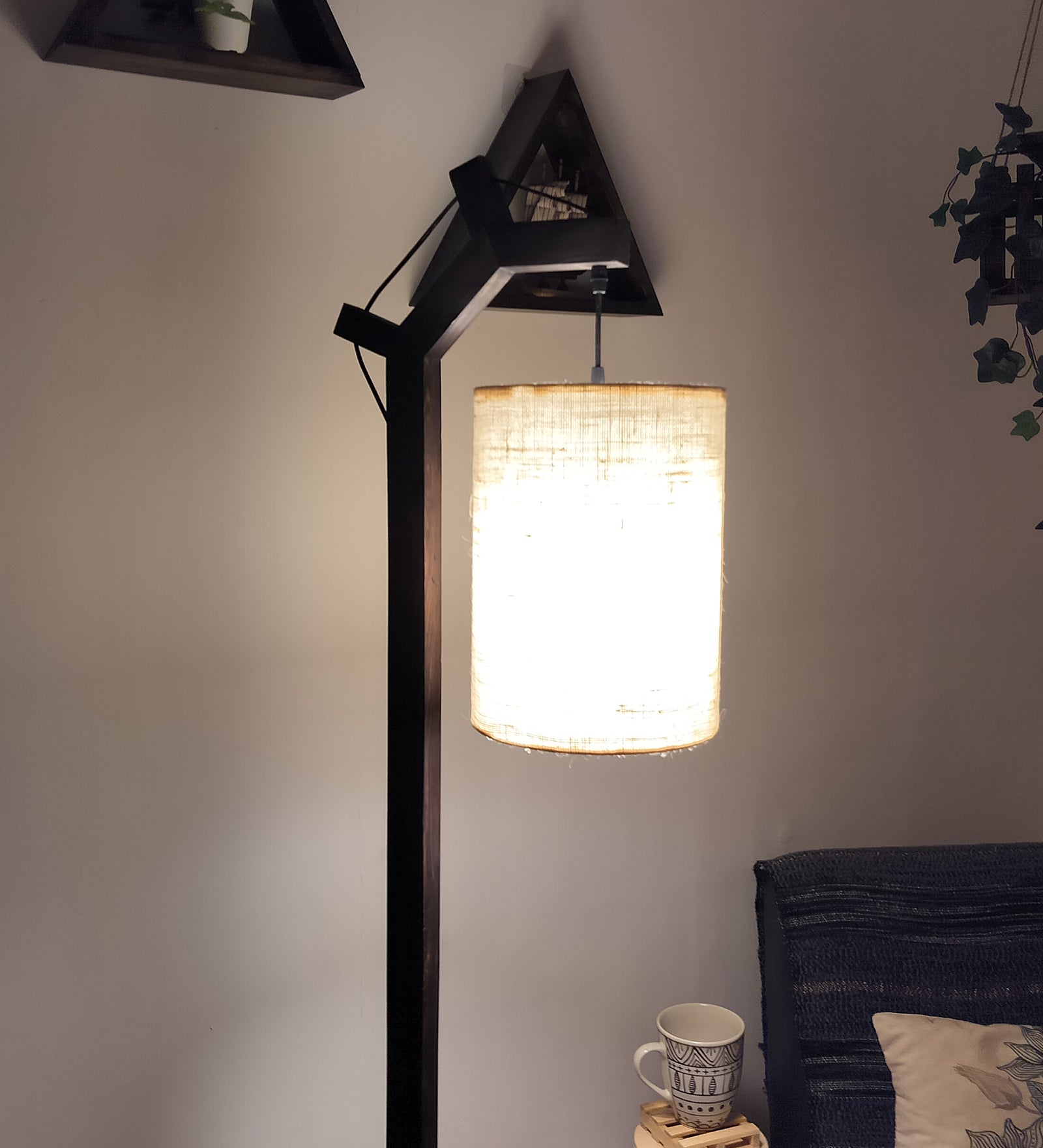 Leo Wooden Floor Lamp with Brown Base and Jute Fabric Lampshade (BULB NOT INCLUDED)