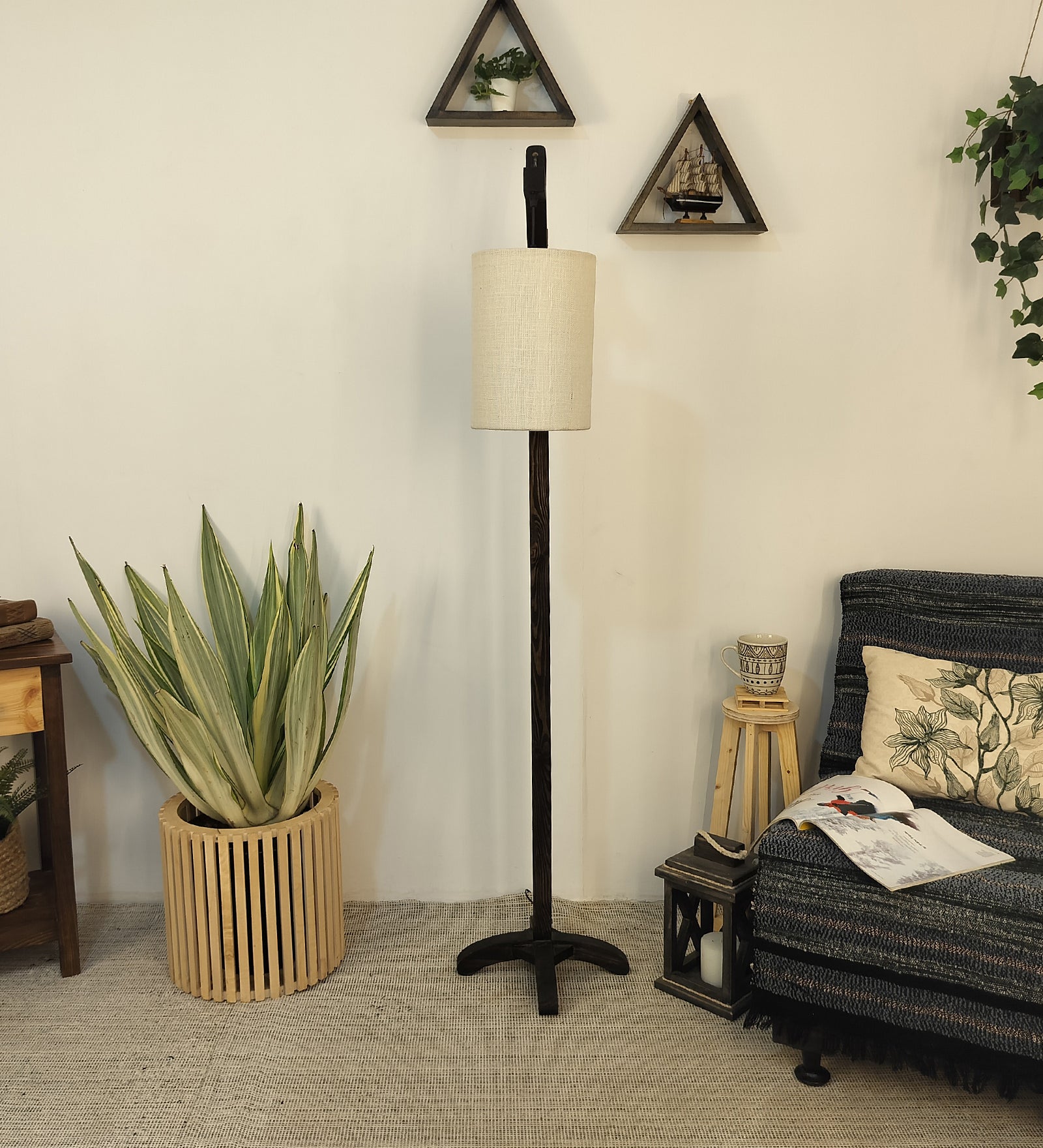 Leo Wooden Floor Lamp with Brown Base and Jute Fabric Lampshade (BULB NOT INCLUDED)