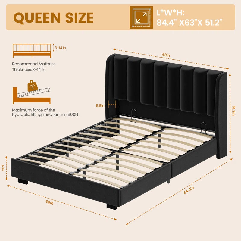 Lift Up Storage Bed Frame With 51" Tall Headboard, Upholstered Velvet Wingback Tufted Design, Wood Slats Support, No Box Spring Required, Noise-free Double Bed Frame