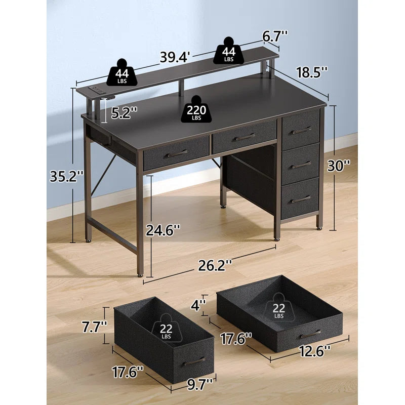 Computer Desk with Drawers and Monitor Shelf, Gaming Desk with RGB LED Lights & USB Ports