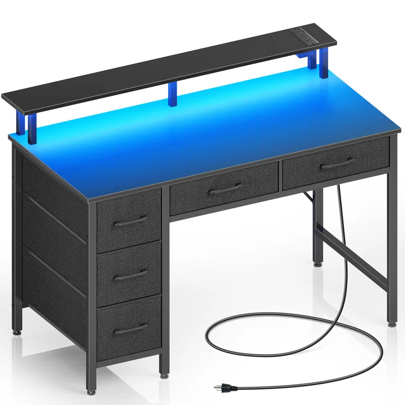 Computer Desk with Drawers and Monitor Shelf, Gaming Desk with RGB LED Lights & USB Ports