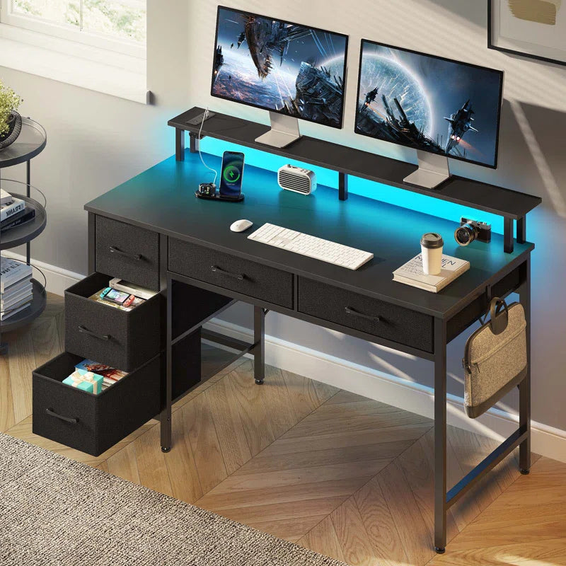 Computer Desk with Drawers and Monitor Shelf, Gaming Desk with RGB LED Lights & USB Ports