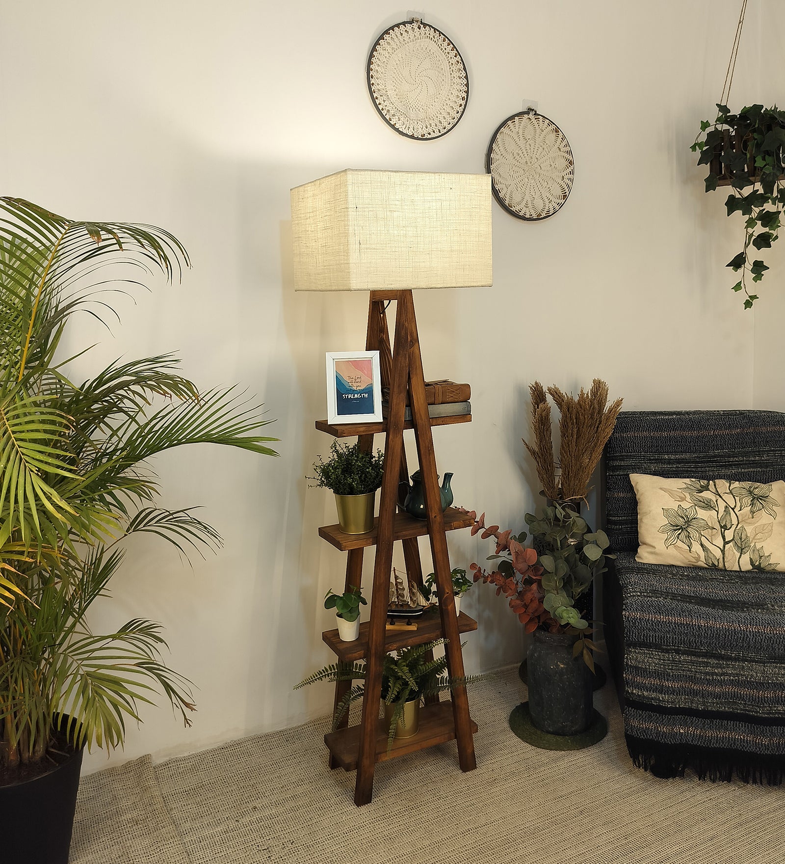 Louise Wooden Floor Lamp with Brown Base and Jute Fabric Lampshade (BULB NOT INCLUDED)