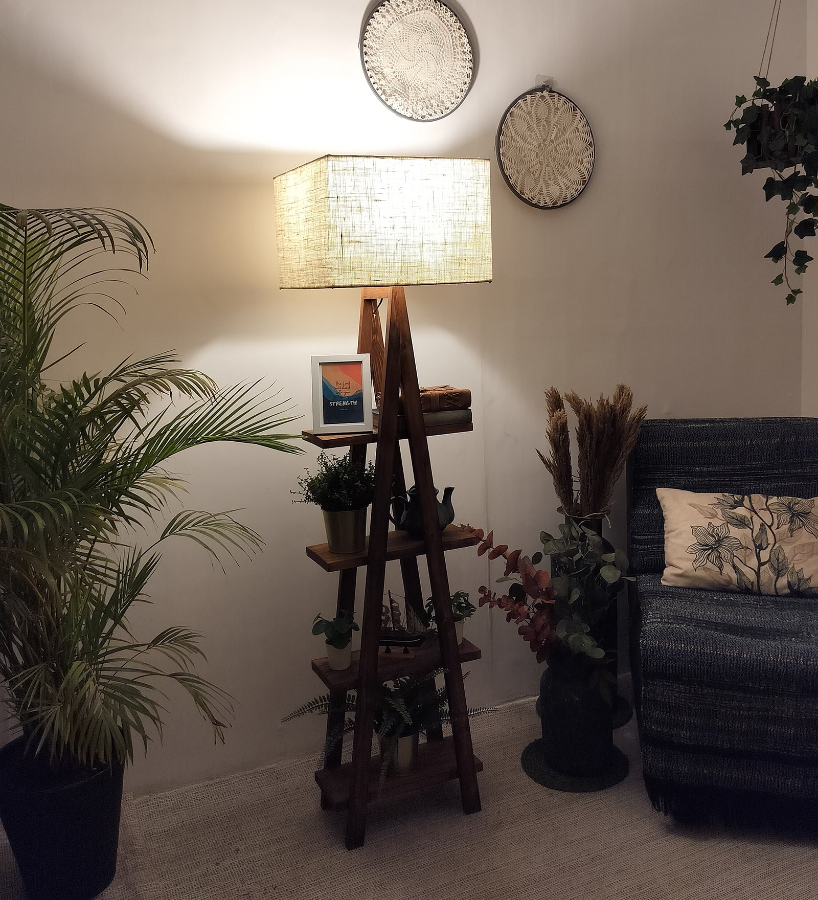 Louise Wooden Floor Lamp with Brown Base and Jute Fabric Lampshade (BULB NOT INCLUDED)