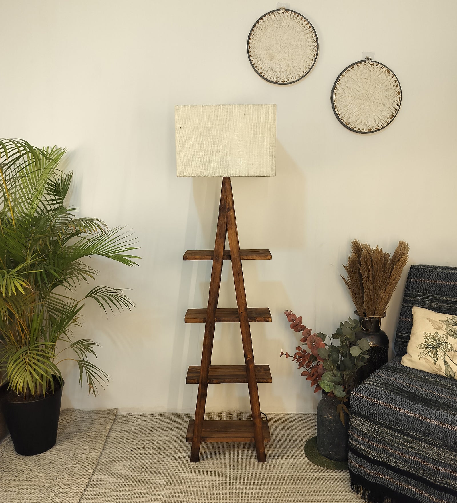 Louise Wooden Floor Lamp with Brown Base and Jute Fabric Lampshade (BULB NOT INCLUDED)