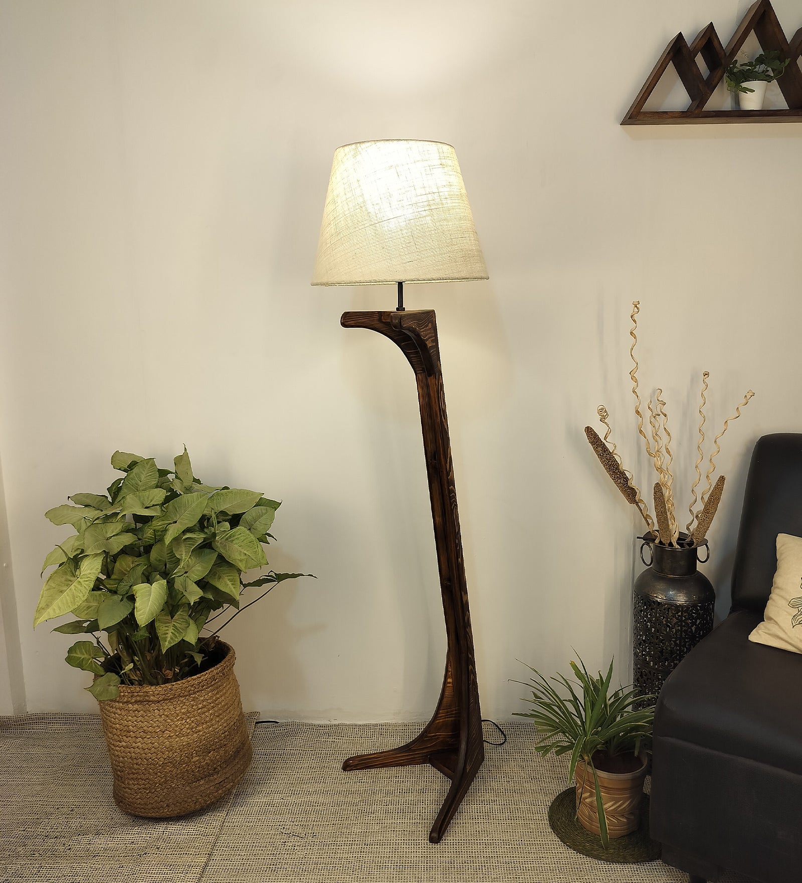 Lucas Wooden Floor Lamp with Brown Base and Jute Fabric Lampshade