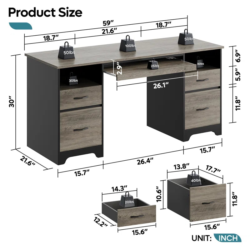 59'' Executive Desk with 2 File and Storage Drawers, Computer Writing Desk with Keyboard Tray and 2 Open Compartments for Home Office