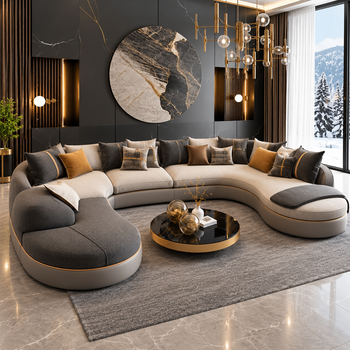 Luxury Curved U-Shaped Sectional Sofa for Living Room | Modern Designer Fabric Sofa with Chaise, Gold Trim & Plush Cushions