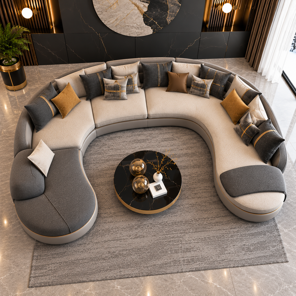 Luxury Curved U-Shaped Sectional Sofa for Living Room | Modern Designer Fabric Sofa with Chaise, Gold Trim & Plush Cushions
