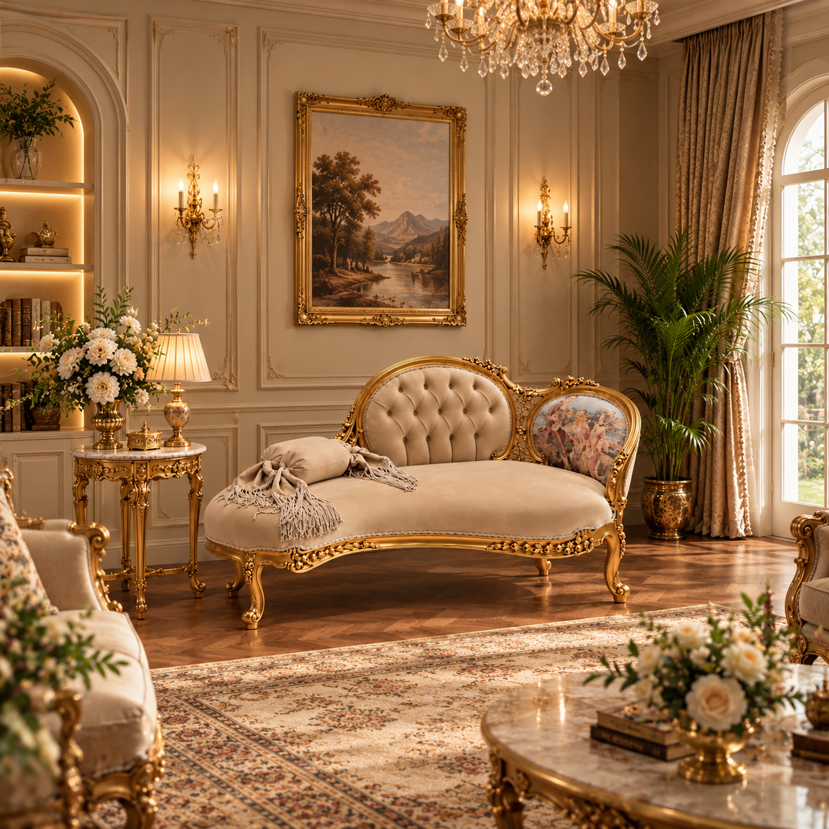 Luxury Gold Carved Chaise Lounge Sofa with Beige Tufted Upholstery, Antique French Style Recamier Daybed for Living Room