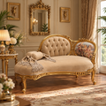 Luxury Gold Carved Chaise Lounge Sofa with Beige Tufted Upholstery, Antique French Style Recamier Daybed for Living Room