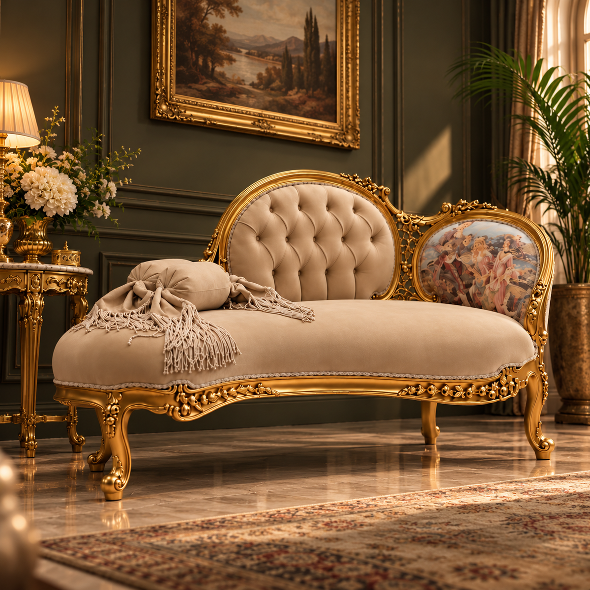 Luxury Gold Carved Chaise Lounge Sofa with Beige Tufted Upholstery, Antique French Style Recamier Daybed for Living Room