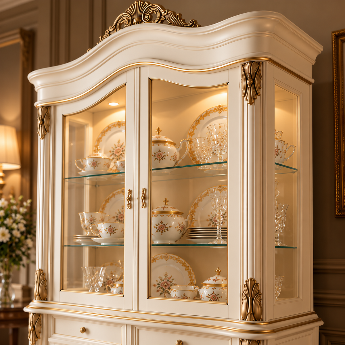 Luxury Ivory China Cabinet with Glass Doors, Gold Accents, 2 Drawers & Lower Storage  French Style Display Cupboard