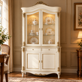Luxury Ivory China Cabinet with Glass Doors, Gold Accents, 2 Drawers & Lower Storage  French Style Display Cupboard