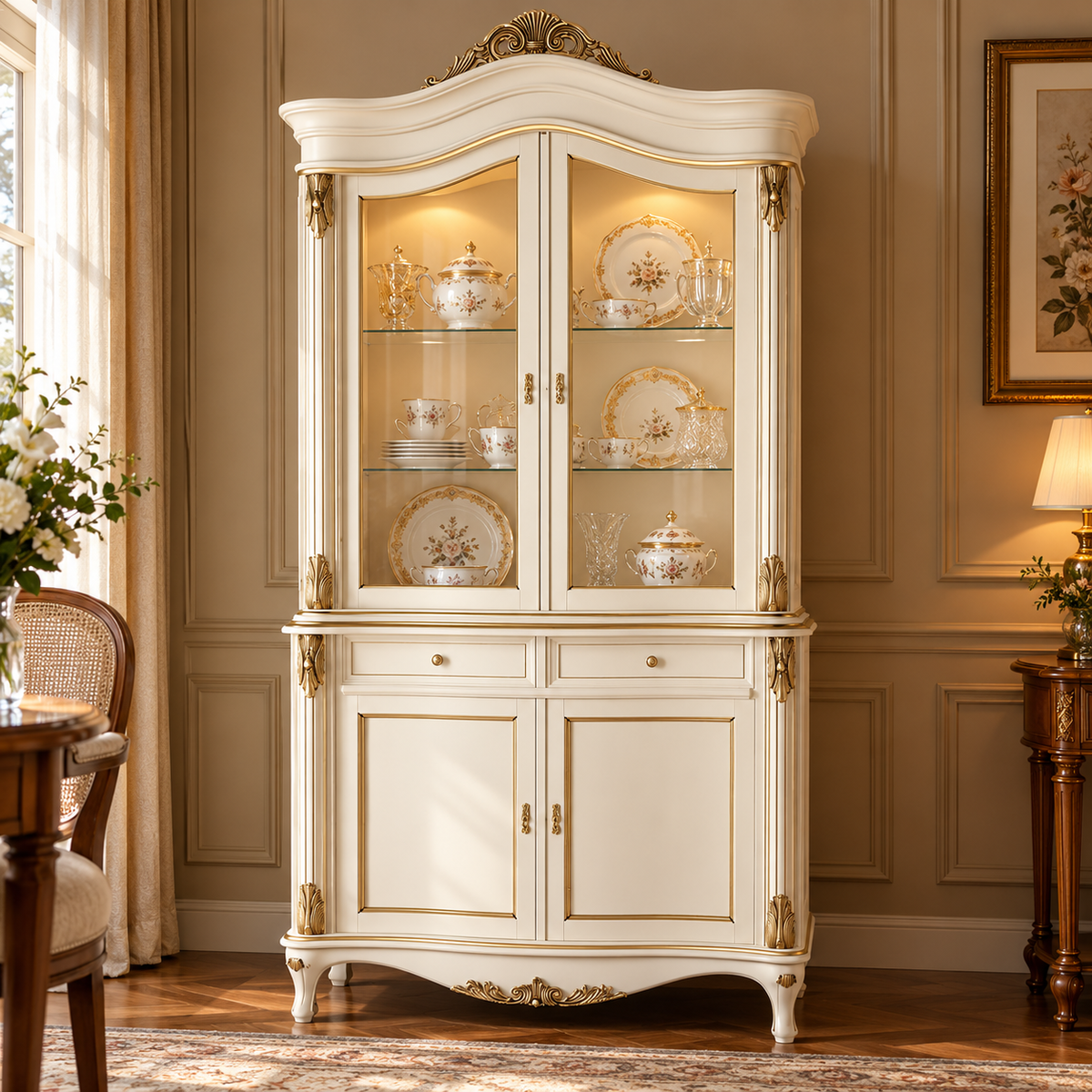 Luxury Ivory China Cabinet with Glass Doors, Gold Accents, 2 Drawers & Lower Storage  French Style Display Cupboard