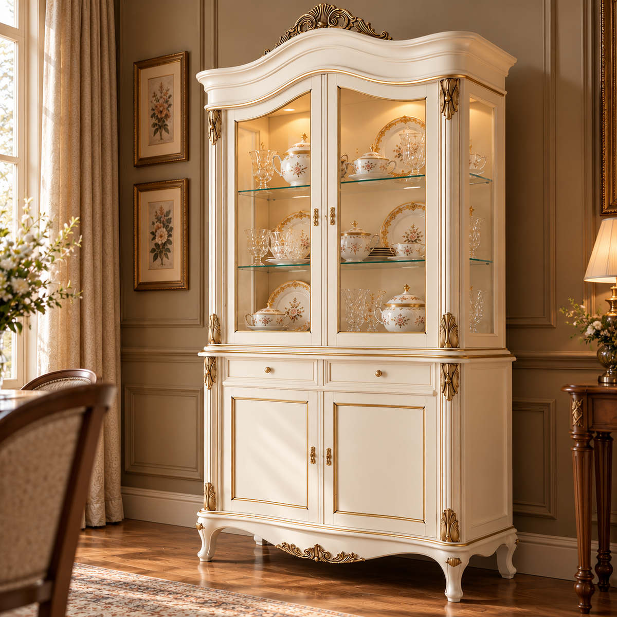 Luxury Ivory China Cabinet with Glass Doors, Gold Accents, 2 Drawers & Lower Storage  French Style Display Cupboard