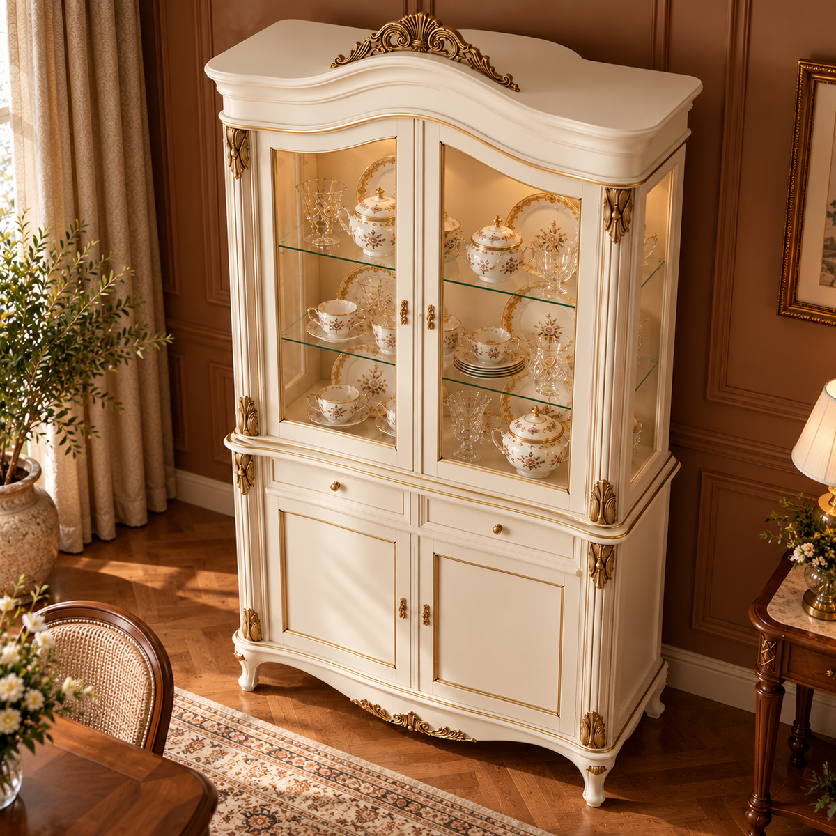 Luxury Ivory China Cabinet with Glass Doors, Gold Accents, 2 Drawers & Lower Storage  French Style Display Cupboard