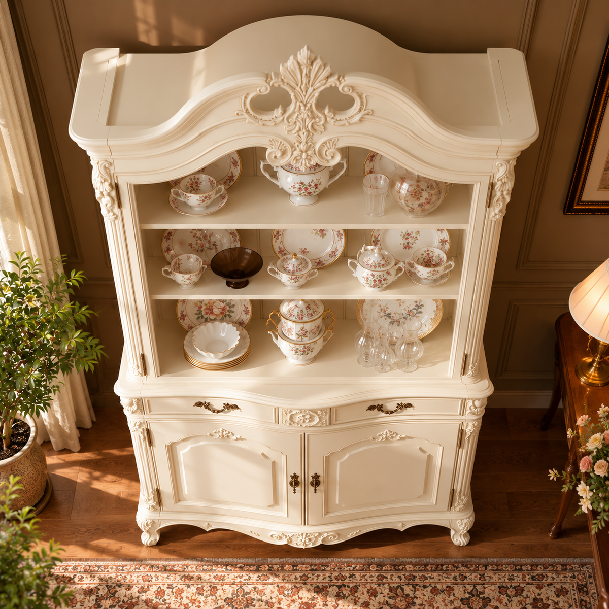 Luxury Ivory Wooden Crockery Cabinet with Open Display Shelves, 2 Door Storage, Ornate Carved Details & Antique Finish