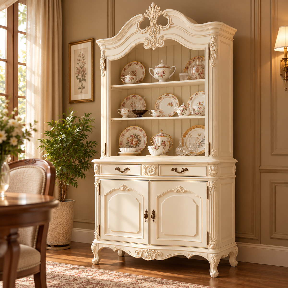 Luxury Ivory Wooden Crockery Cabinet with Open Display Shelves, 2 Door Storage, Ornate Carved Details & Antique Finish