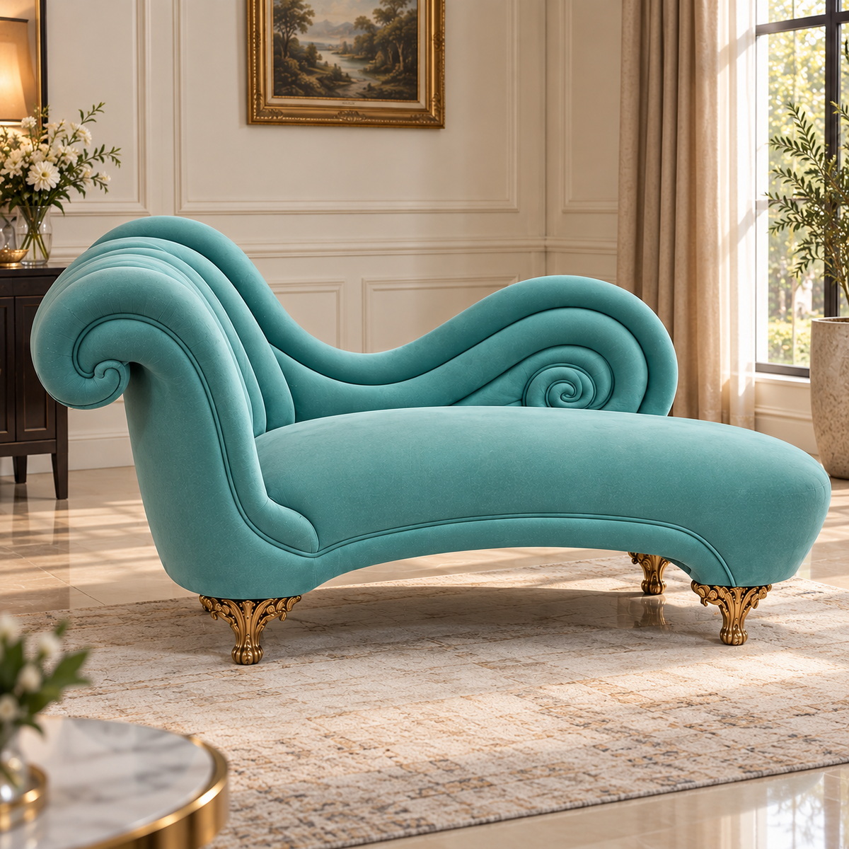 Luxury Teal Velvet Chaise Lounge Sofa | Classic Curved Recamier Sofa with Gold Legs