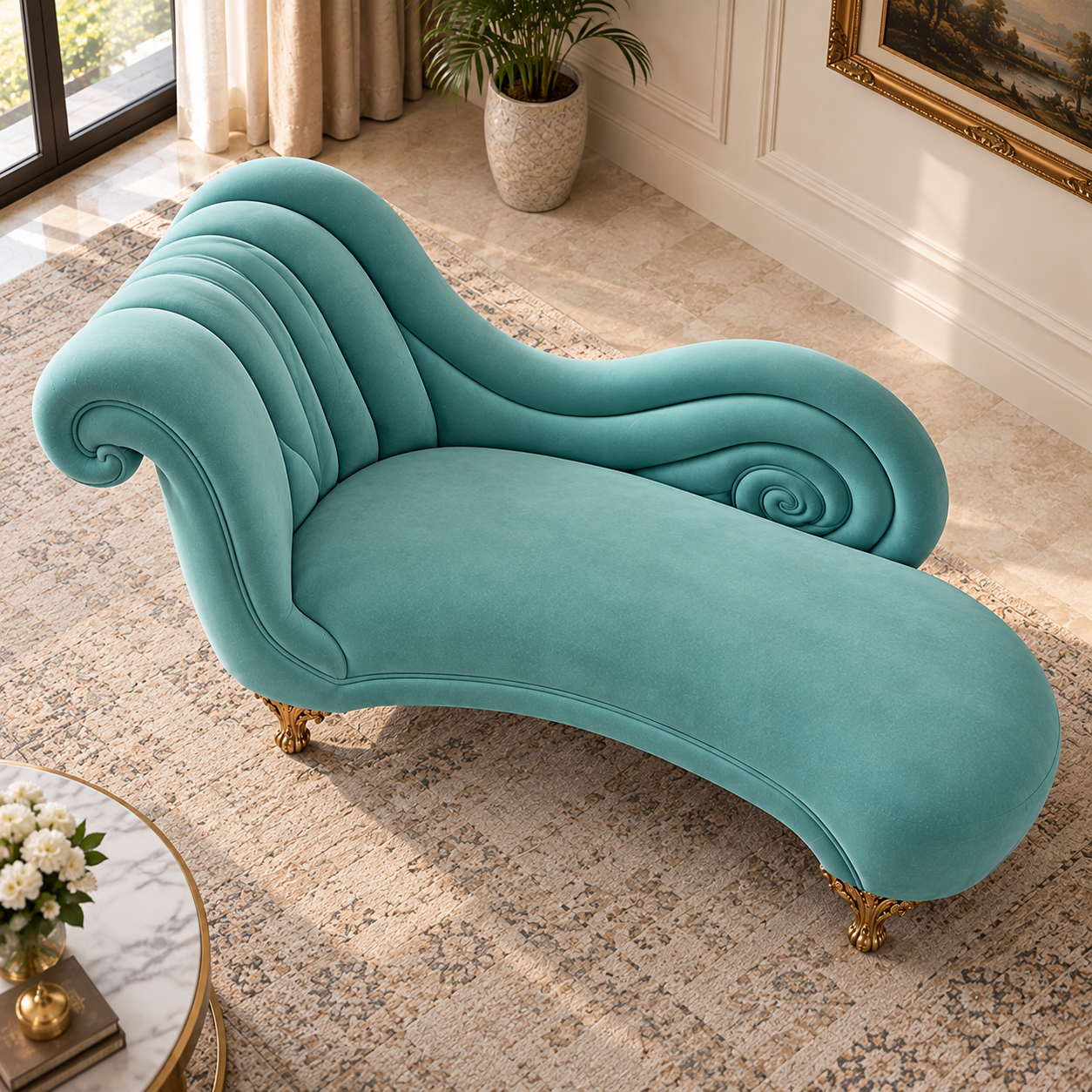 Luxury Teal Velvet Chaise Lounge Sofa | Classic Curved Recamier Sofa with Gold Legs