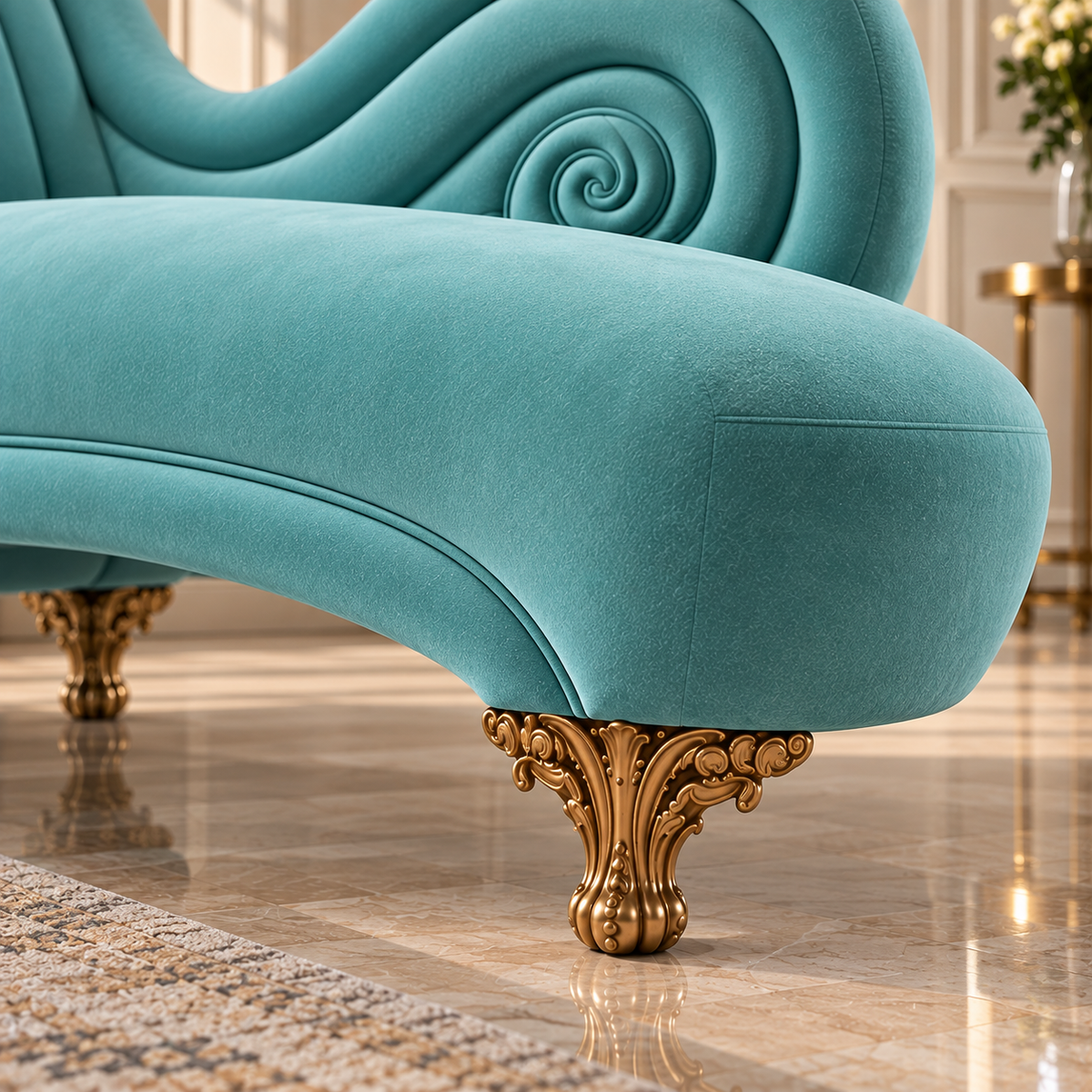 Luxury Teal Velvet Chaise Lounge Sofa | Classic Curved Recamier Sofa with Gold Legs