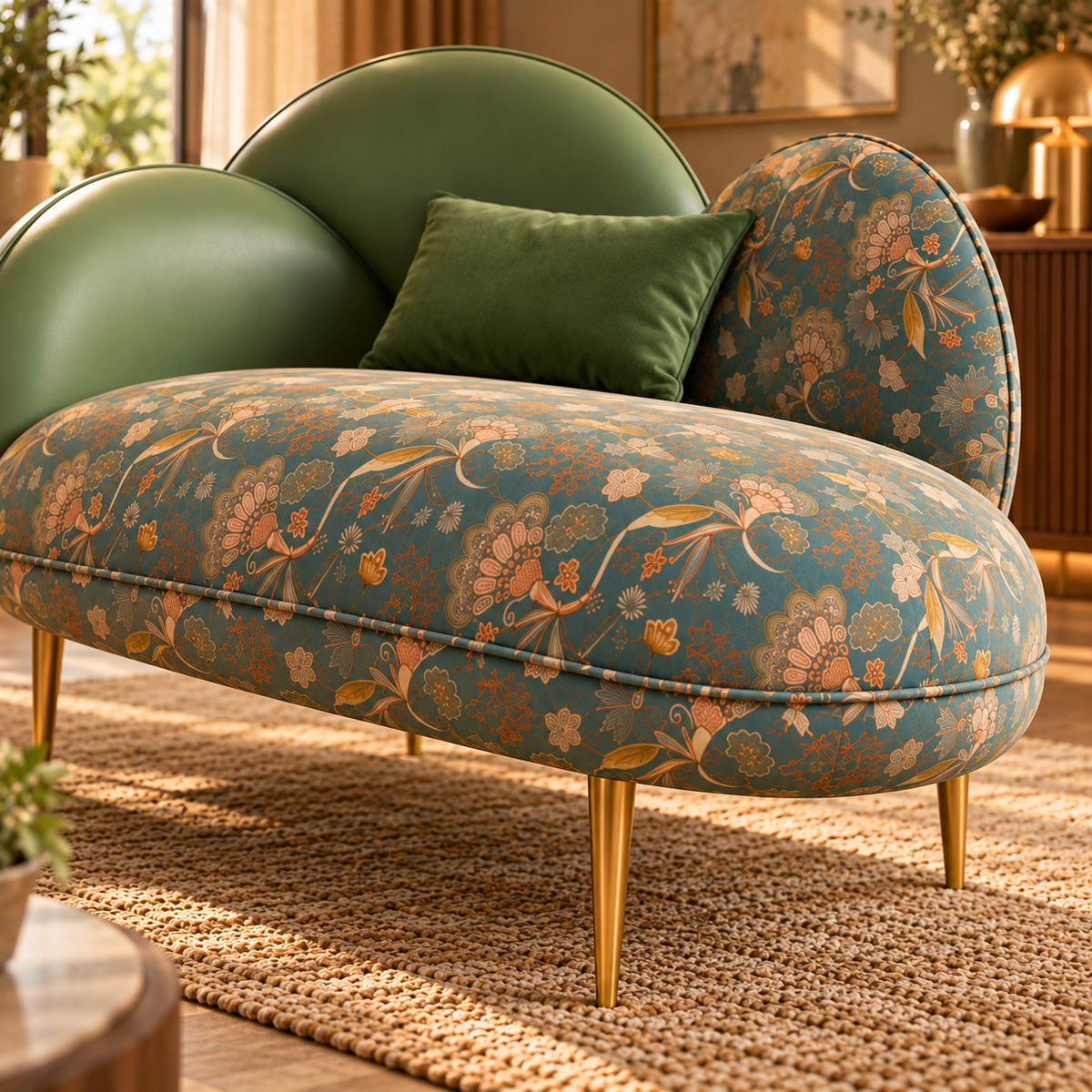 Luxury Upholstered Chaise Lounge with Floral Teal Fabric, Olive Green Backrest & Gold Metal Legs for Living Room