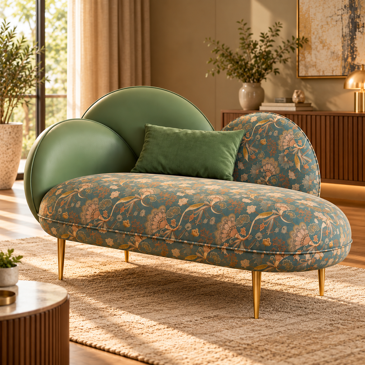 Luxury Upholstered Chaise Lounge with Floral Teal Fabric, Olive Green Backrest & Gold Metal Legs for Living Room