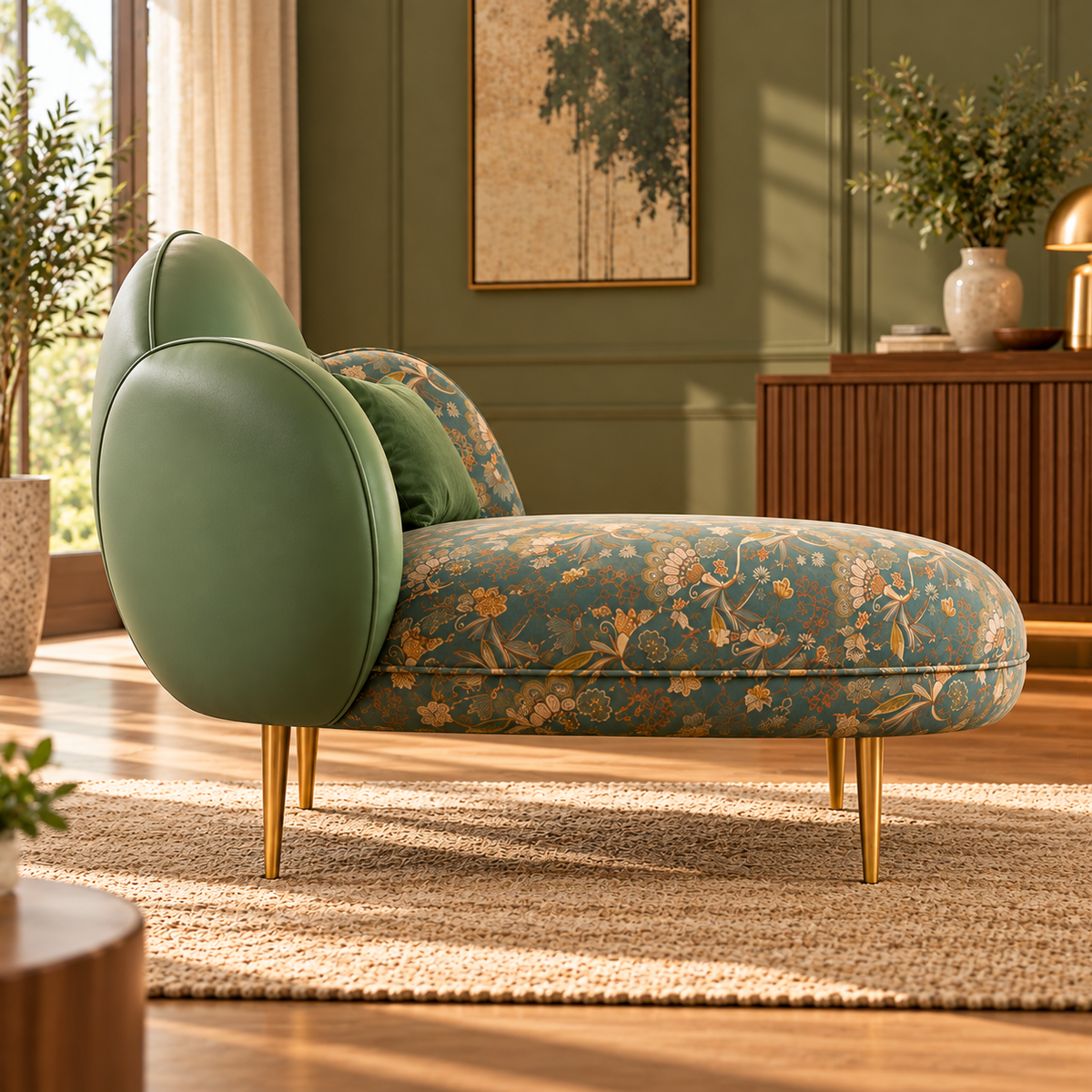 Luxury Upholstered Chaise Lounge with Floral Teal Fabric, Olive Green Backrest & Gold Metal Legs for Living Room