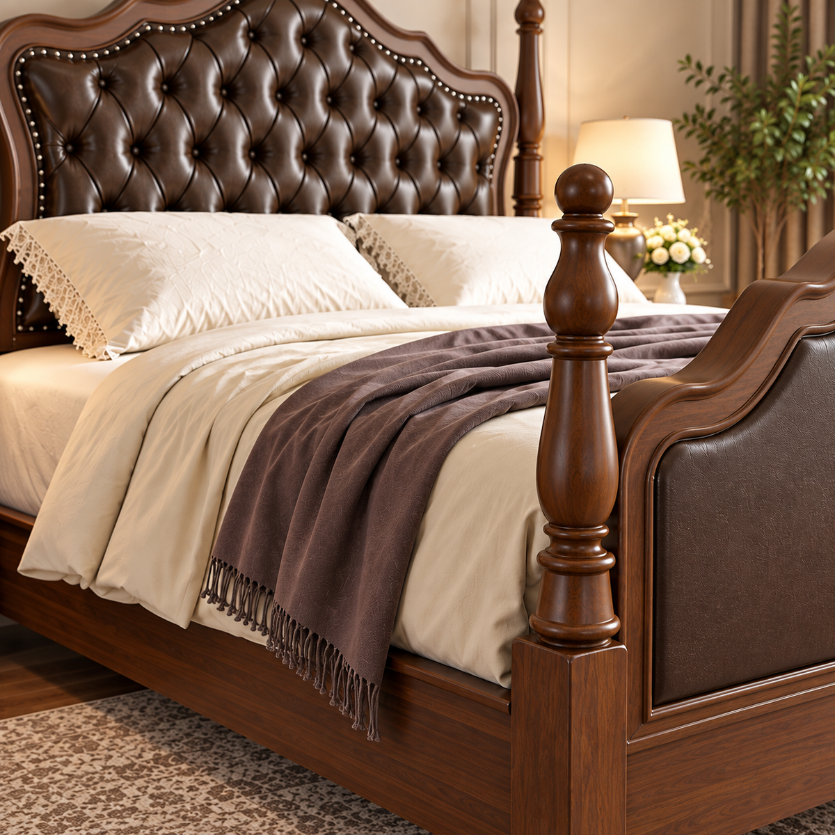 Luxury Wooden Bed with Dark Brown Tufted Upholstered Headboard, Classic King Size Bed Frame with Carved Wooden Posts, Elegant Designer Bed for Bedroom